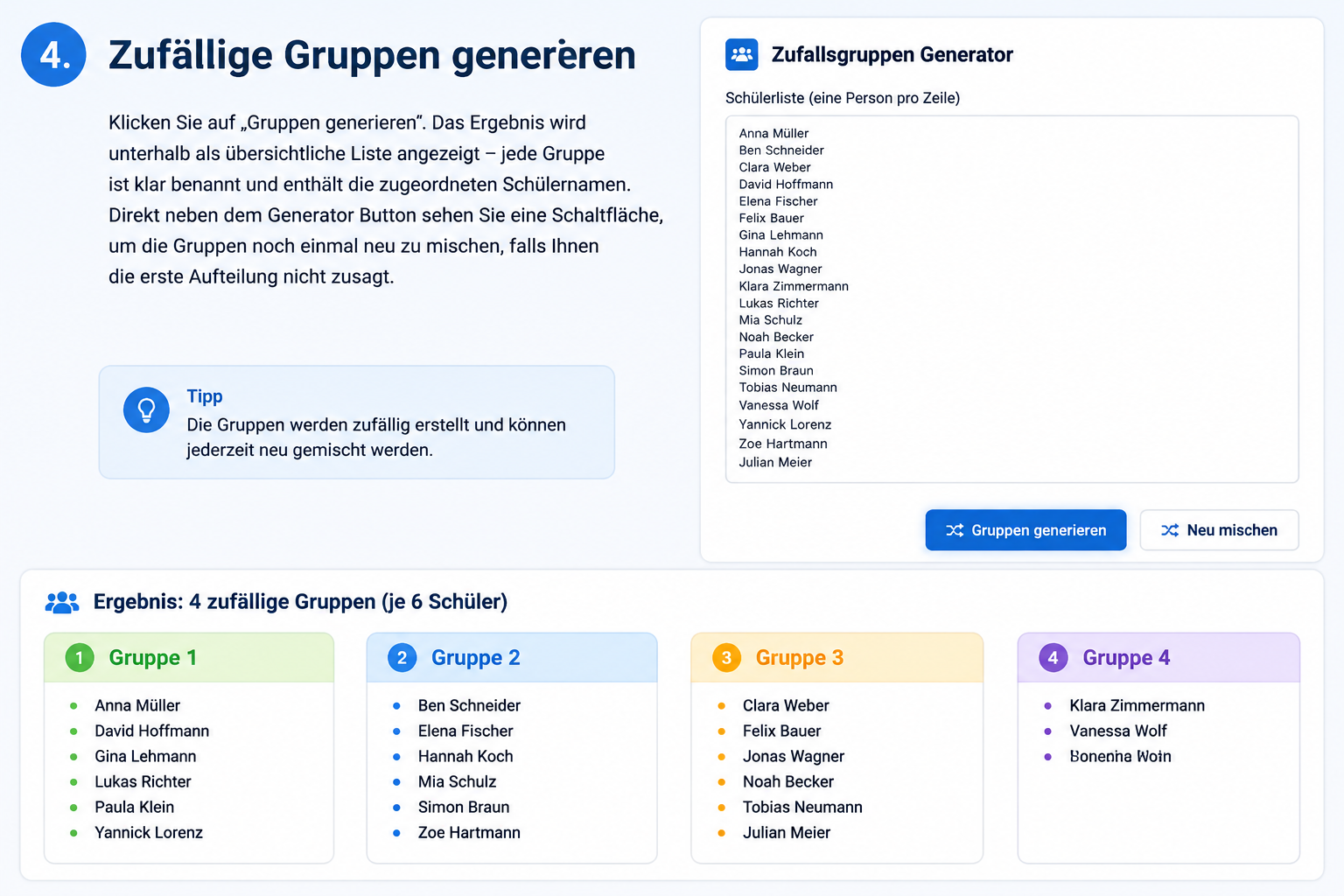 Eine Illustration des Zufallsgruppen-Generator-Tools mit einer Beispiel-Klassenliste im Eingabefeld und darunter in farbigen Boxen die vier generierten 6er-Gruppen. Ruhige Hintergrundfarben, klare Schrift, keine Personenabbildungen nur Textboxen und Gruppensymbole.
