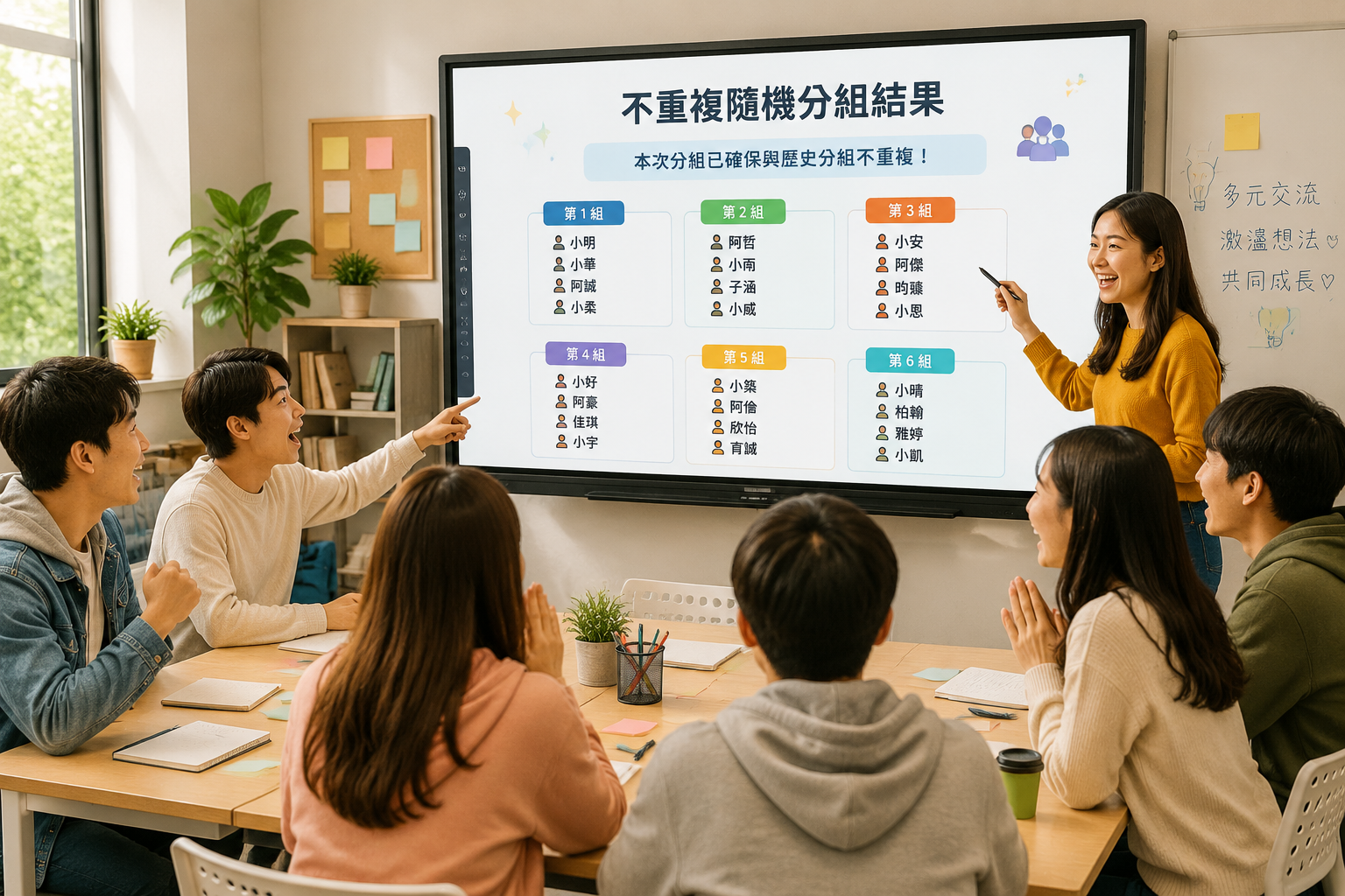 明亮教室或工作坊場景，一群學生正看向電子白板上的不重複隨機分組結果，表情好奇又興奮，桌上無品牌教材，色調溫暖清晰