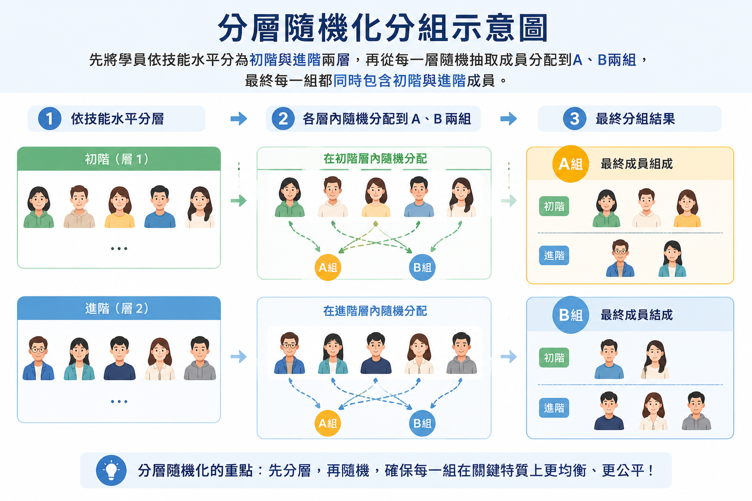 分層隨機化分組示意圖,先將學員依技能水平分為初階與進階兩層,再從每一層隨機抽取成員分配到A、B兩組,最終每一組都同時包含初階與進階成員