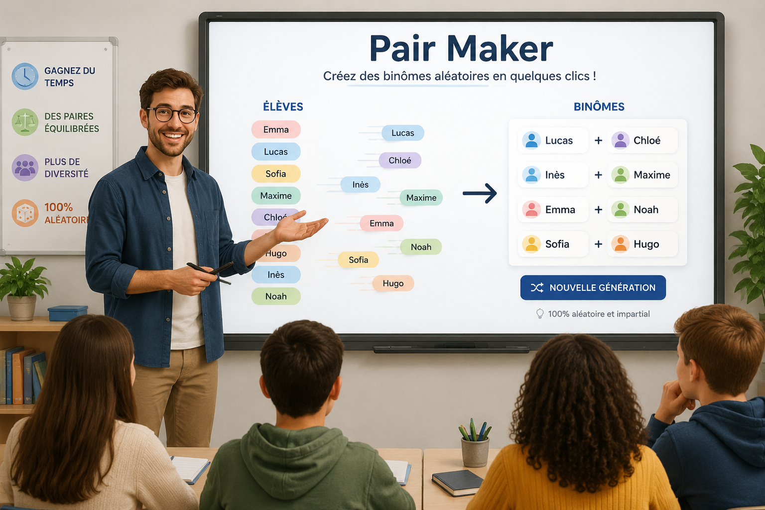 Illustration d'un enseignant souriant devant un tableau numérique où le texte 'Pair Maker' apparaît ; des bulles de noms glissent pour former des paires aléatoires.