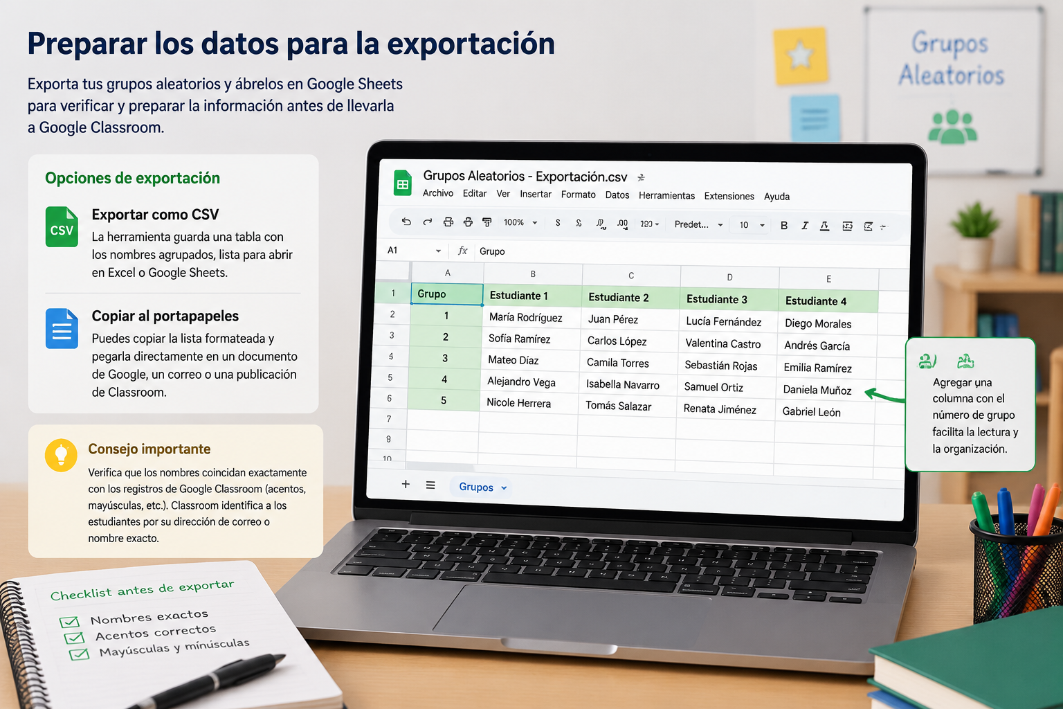 Archivo CSV exportado abierto en Google Sheets, con columnas que indican el número de grupo y los nombres de los estudiantes.
