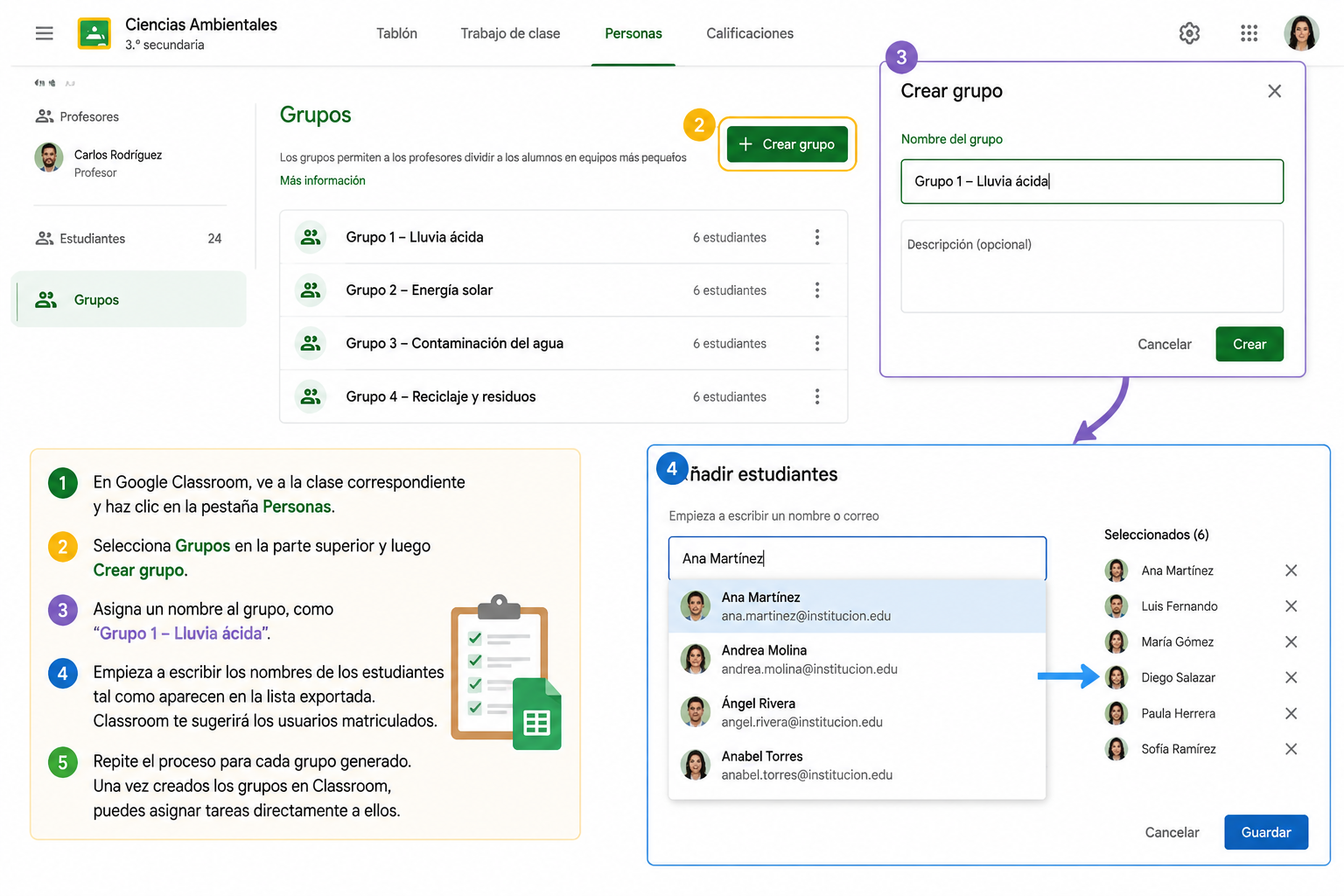 Captura de Google Classroom en la pestaña Personas mostrando la creación de un grupo mientras se añaden estudiantes desde una lista externa.