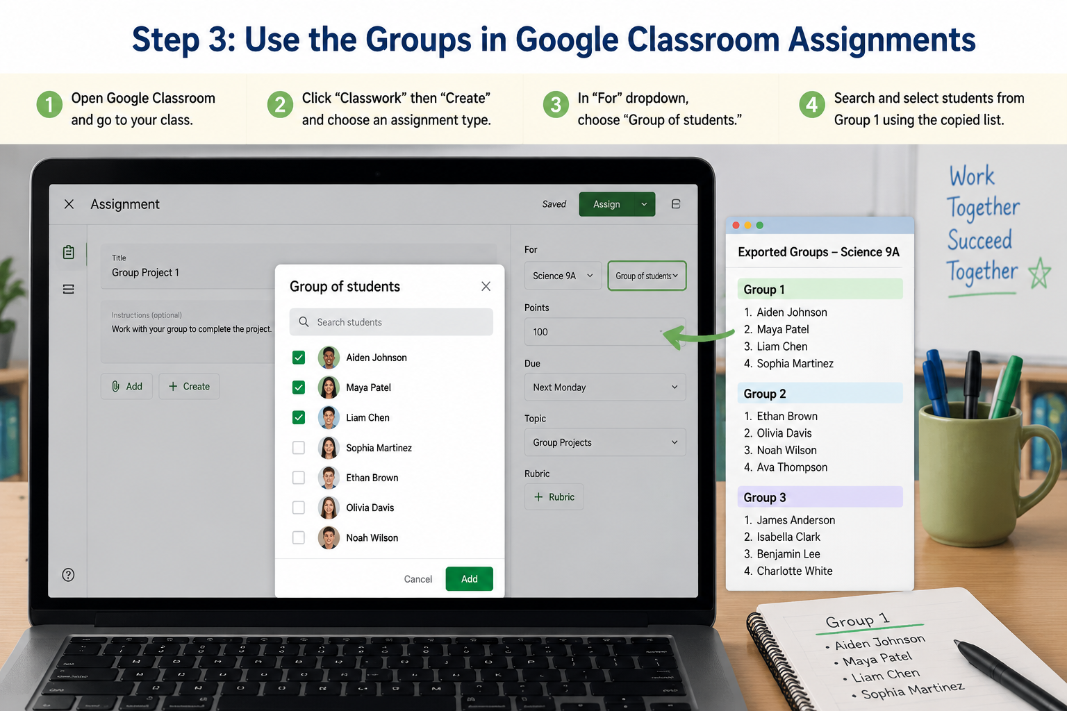 Google Classroom assignment creation screen with the "Group of students" option selected and the student picker modal open, showing a search field and checkboxes while a teacher references a group list in a separate window