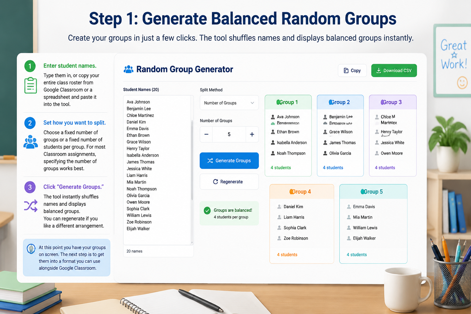 Random Group Generator interface showing a list of student names split into five groups, with a "Copy" button and a "Download CSV" option visible