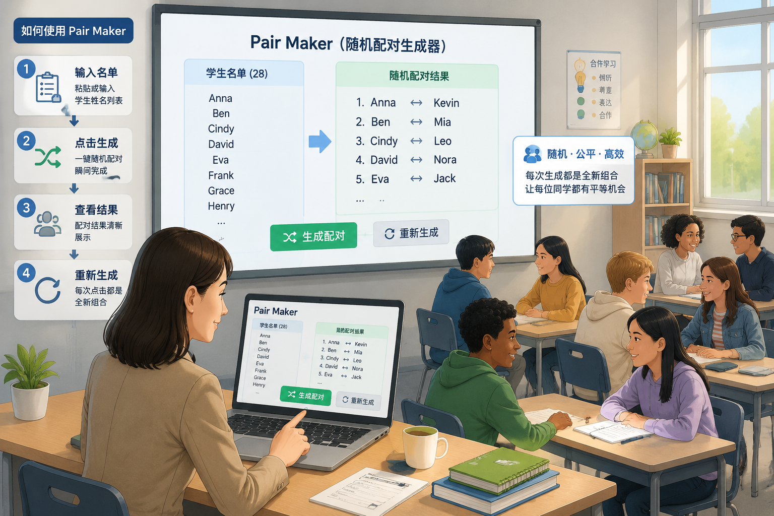 A clean illustration of a teacher using a laptop to generate random pairs, with a list of names and resulting pairs shown on the screen, in a bright classroom with diverse students.