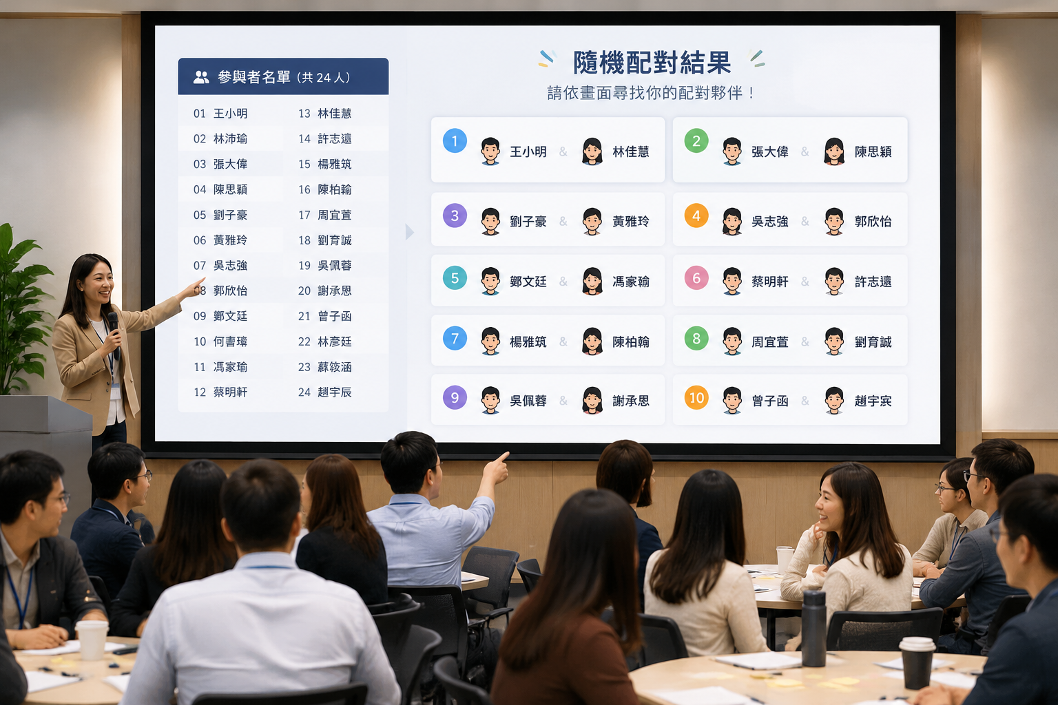 工作坊現場投影畫面示意，大螢幕左側為參與者名單，右側以卡片顯示隨機配對結果，多組人名並排，台下參與者正依畫面尋找自己的配對夥伴。