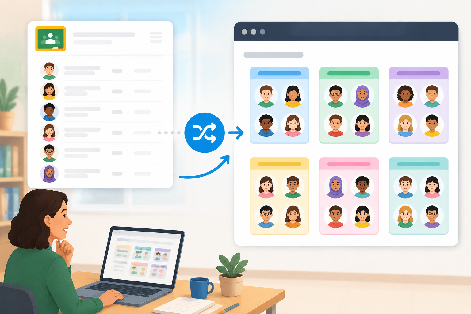 Diagram showing Google Classroom roster being imported into Random Group Generator interface, with colorful group boxes generated, clean instructional style, no text.