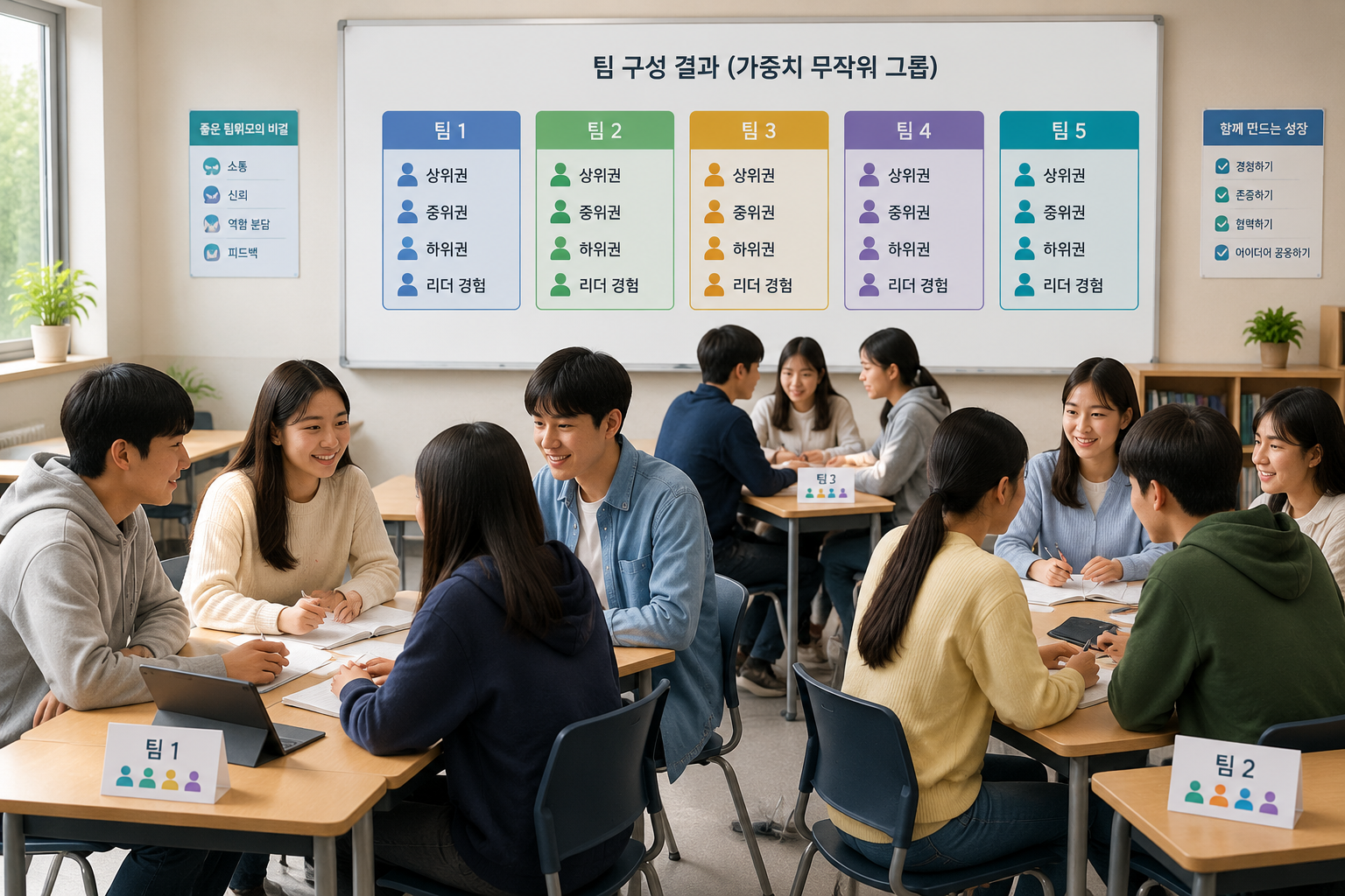 Classroom illustration showing small student groups working together around desks, a whiteboard in the background displaying team member lists in colorful blocks without real identities