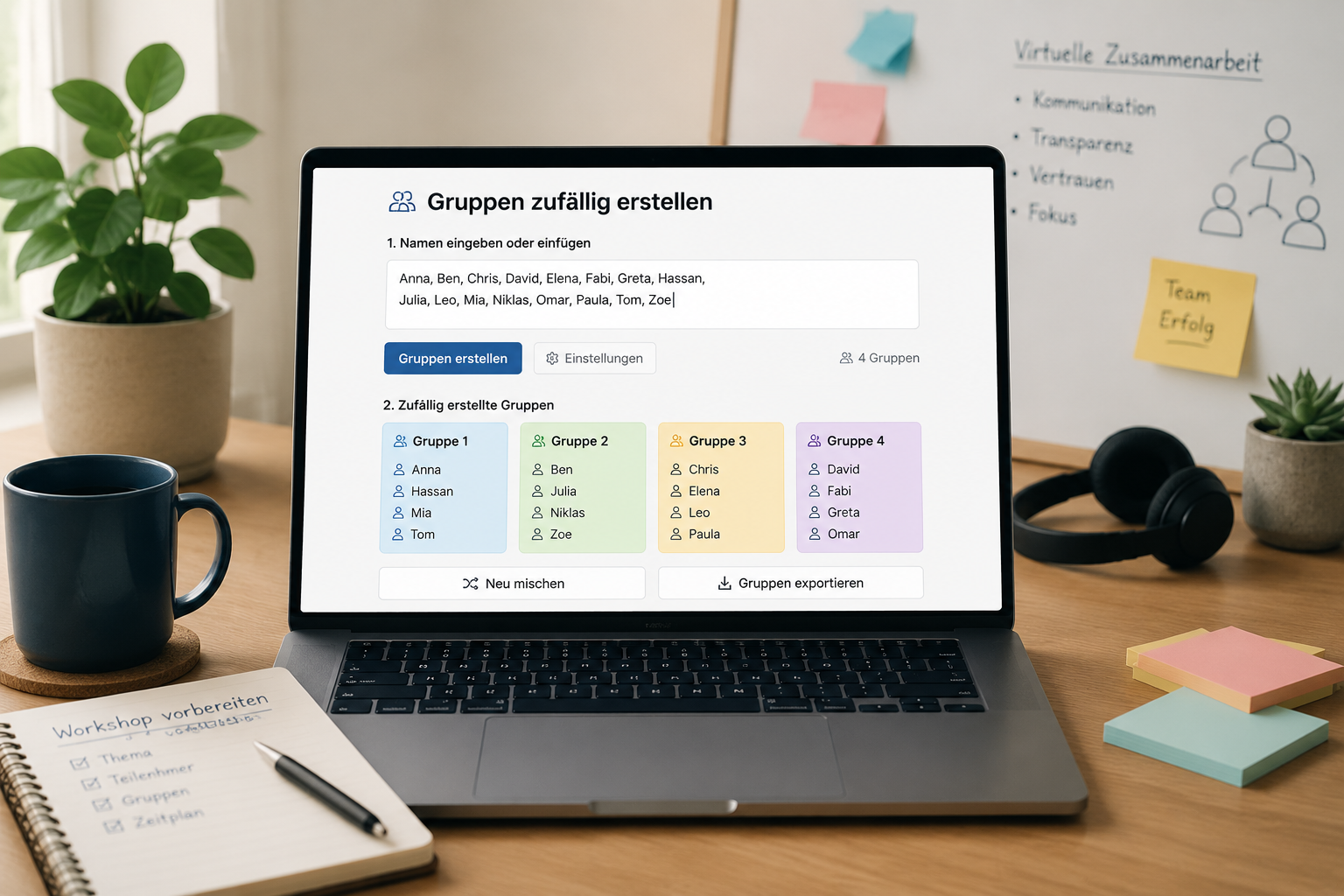 Eine aufgeräumte Schreibtischszene mit Laptop, auf dem eine Weboberfläche „Gruppen zufällig erstellen“ zu sehen ist; Eingabefeld mit mehreren Namen, darunter farbige Gruppenzuordnungen.