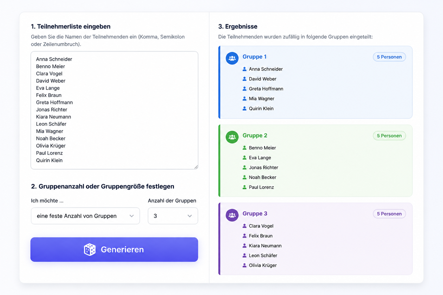 Close-up der Tool-Oberfläche mit mehreren Textfeldern, einem Dropdown-Menü für die Gruppenanzahl und einem farbig hervorgehobenen „Generieren“-Button; die Ergebnisliste zeigt drei farbig getrennte Gruppen.