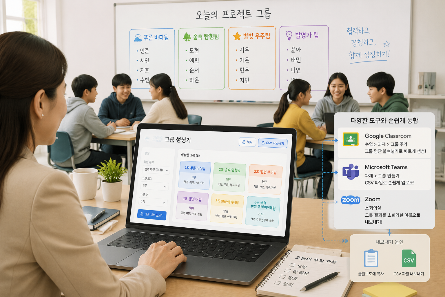 A teacher using a laptop with a group generator app on screen, while students in the background form small discussion groups with colorful team names displayed on a whiteboard.