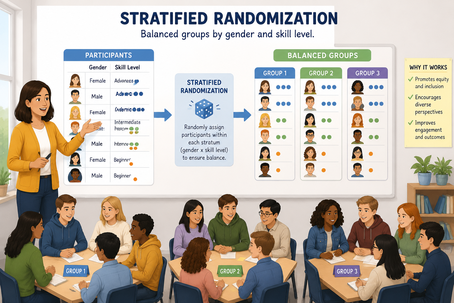 Illustration of participants being sorted into balanced groups by gender and skill level, using a stratified randomization method