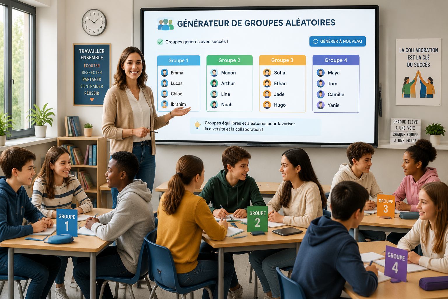 Une enseignante souriante devant un tableau interactif affichant un générateur de groupes aléatoires, avec des élèves répartis en équipes colorées dans une salle de classe lumineuse.