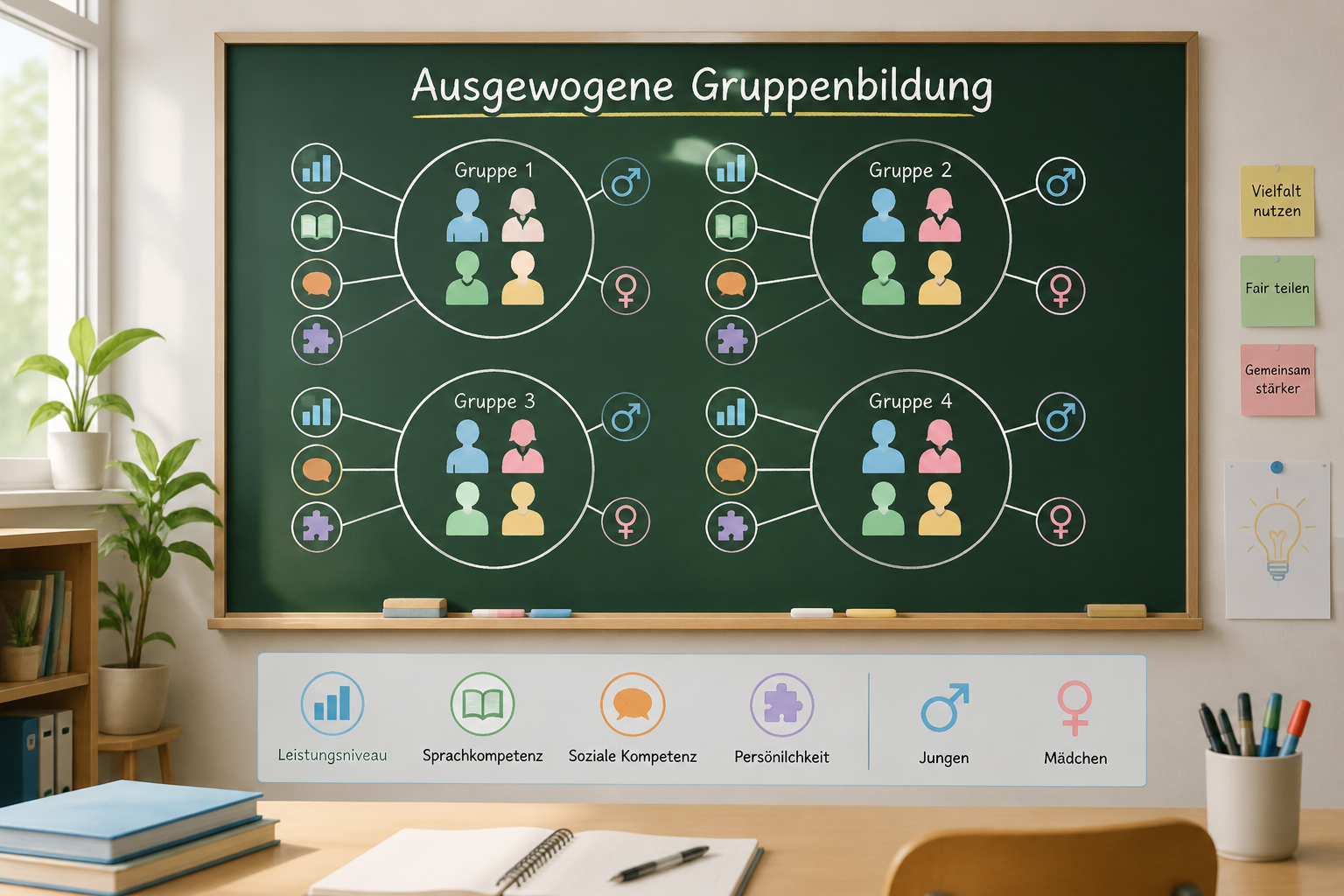 Ein ruhiges, helles Klassenzimmer-Setting mit Kreidetafelskizze, die vier gleich große, als Kreise dargestellte Gruppen zeigt. Aus jedem Kreis ragen kleine Piktogramme für Fähigkeiten und Geschlechter hervor, die sich gleichmäßig verteilen – weiche Farben, sachlich.