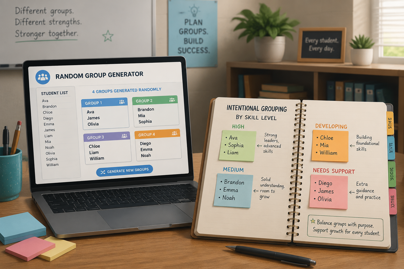 An illustration showing a teacher's desk with a laptop displaying a random group generator screen splitting a list of names into four groups on one side, and a planner with sticky notes categorizing students by skill level for intentional grouping on the other side. The scene is bright and organized.