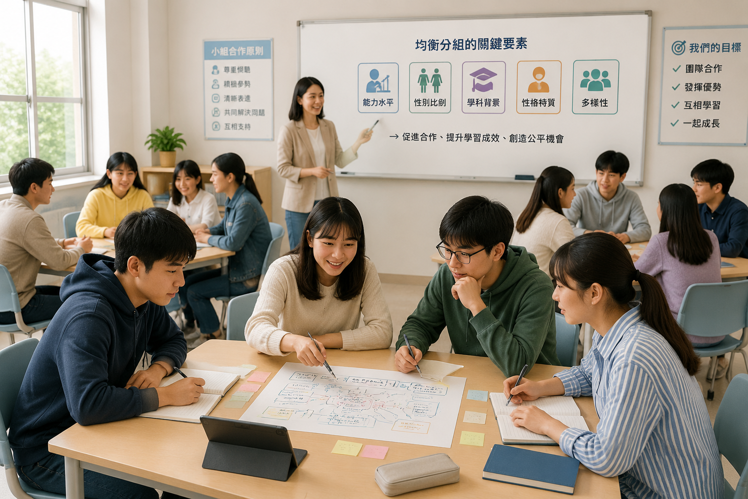 明亮教室中,學生分成均衡小組進行討論的插圖,每組混合不同能力與性別的成員,氣氛專注且合作