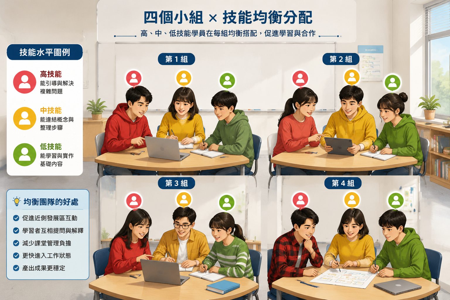 教室內四個小組圍坐討論，每組內有高、中、低三種技能水平的學員，圖中技能以不同顏色標記，清楚展現均衡分配的原則