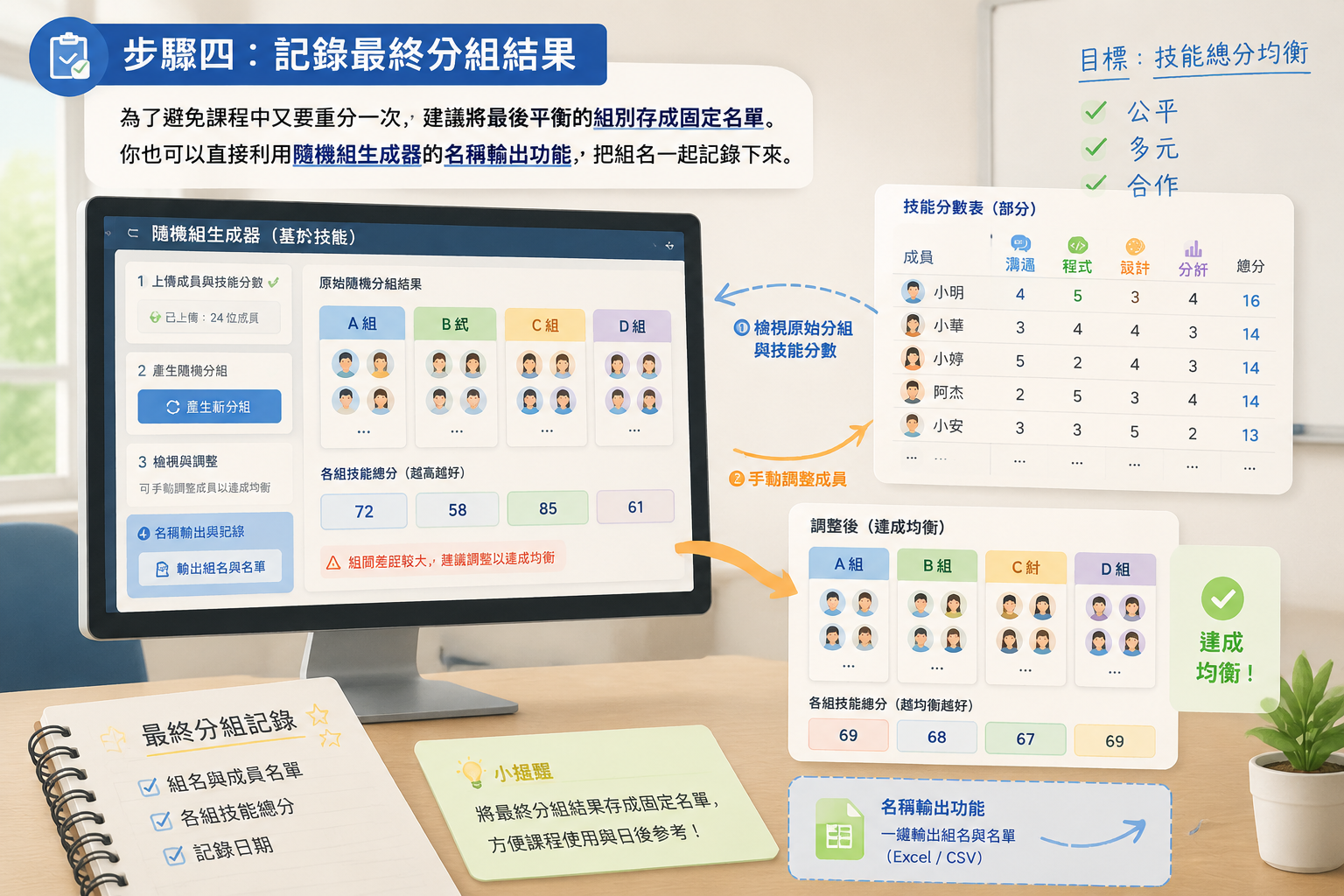 電腦螢幕上顯示隨機組生成器介面，旁邊浮現一張技能分數表，箭頭標示如何從原始隨機分組進行手動調整以達成均衡