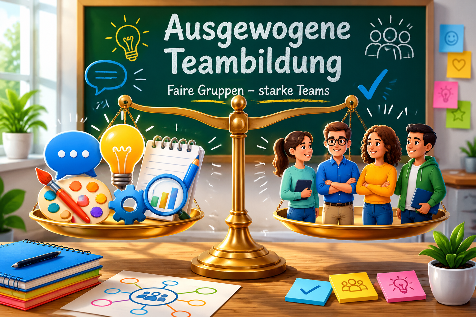 Eine Waage, deren linke Schale Symbole für Kommunikation, Kreativität und analytisches Denken enthält, während die rechte Schale vier ausgeglichene Figuren zeigt. Im Hintergrund eine Tafel mit Gruppenname. Helle, professionelle Illustration.