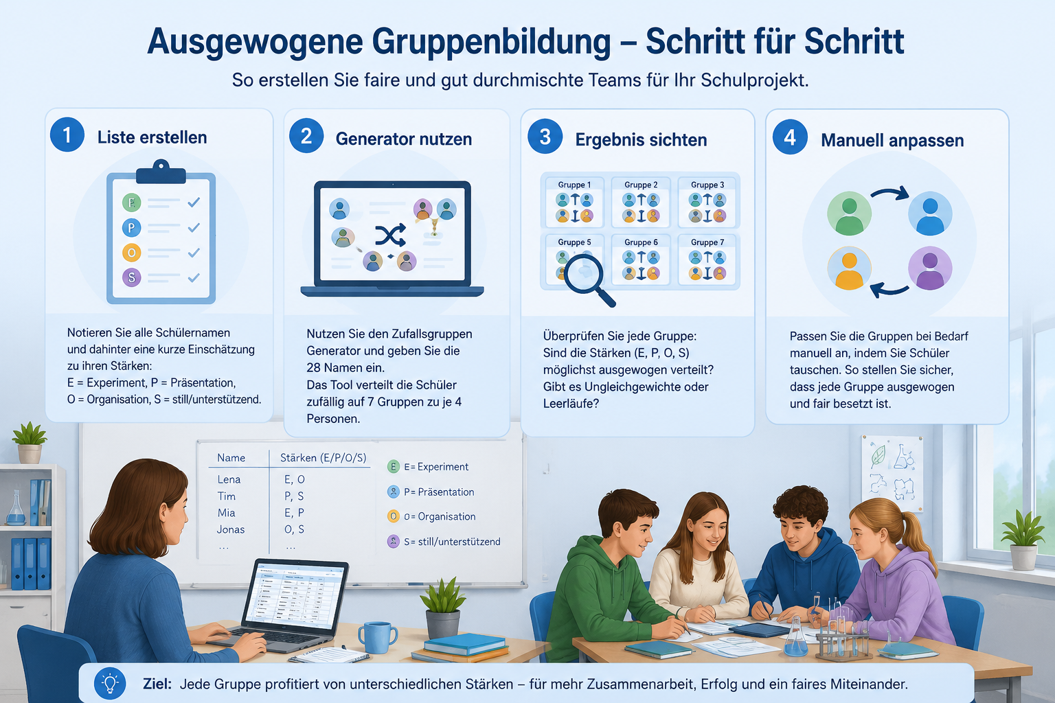Eine Schritt-für-Schritt-Grafik: 1. Liste erstellen, 2. Generator nutzen, 3. Ergebnis sichten, 4. Manuell anpassen. Jeder Schritt mit einem Icon, ruhige Blautöne.