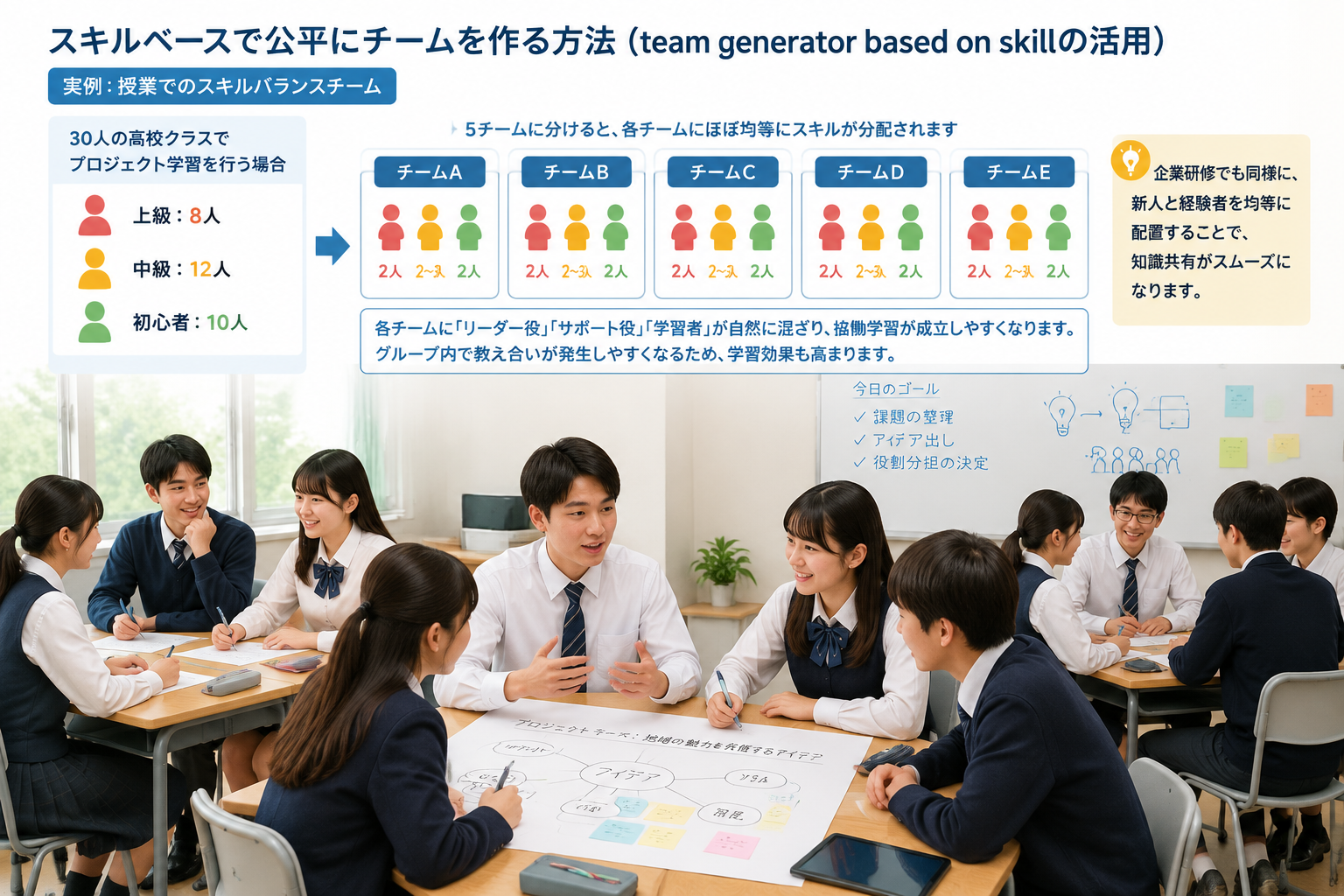 students collaborating around tables with balanced skill distribution, showing one student explaining and others collaborating on a worksheet