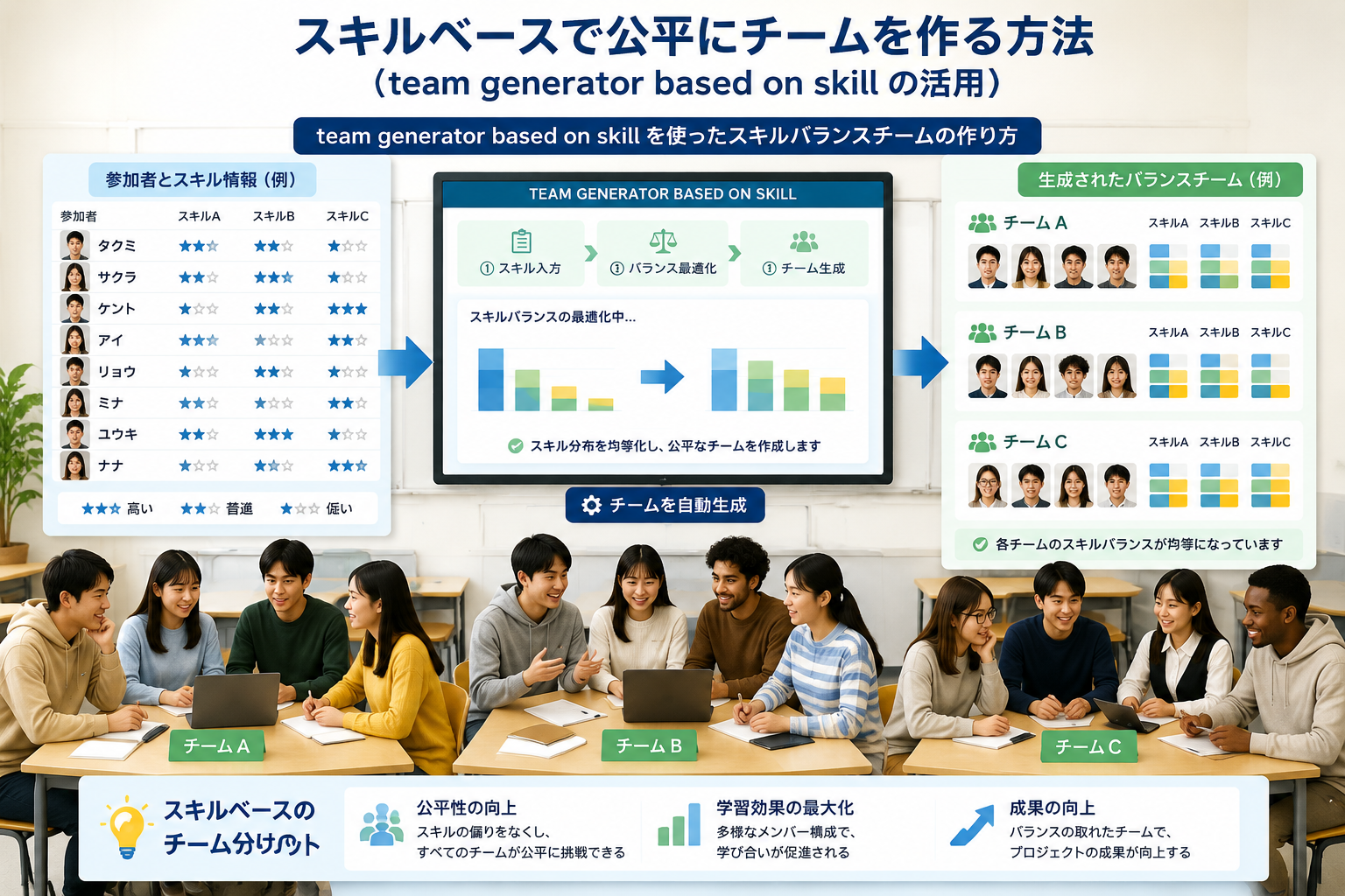 diverse classroom grouping showing students with different skill levels being assigned into balanced teams using a digital grouping tool interface
