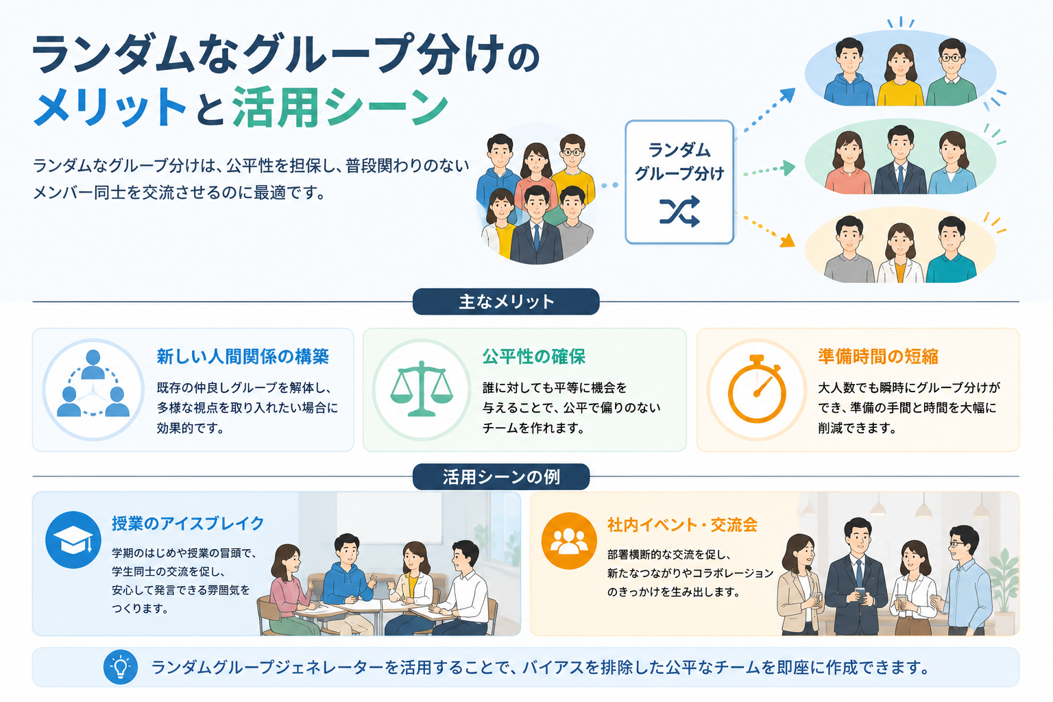 editorial knowledge graph illustration about ランダムなグループ分けのメリットと活用シーン. Section context: ランダムなグループ分けは、公平性を担保し、普段関わりのないメンバー同士を交流させるのに最適です。特に以下のような場面で効果を発揮します。 - **新しい人間関係の構築:** 既存の仲良しグループを解体し、多様な視点を取り入れたい場合。 - **公平性の確保:** 誰に対しても平等に機会を与えたい場合。 - **準備時間の短縮:** 大人数を瞬時に