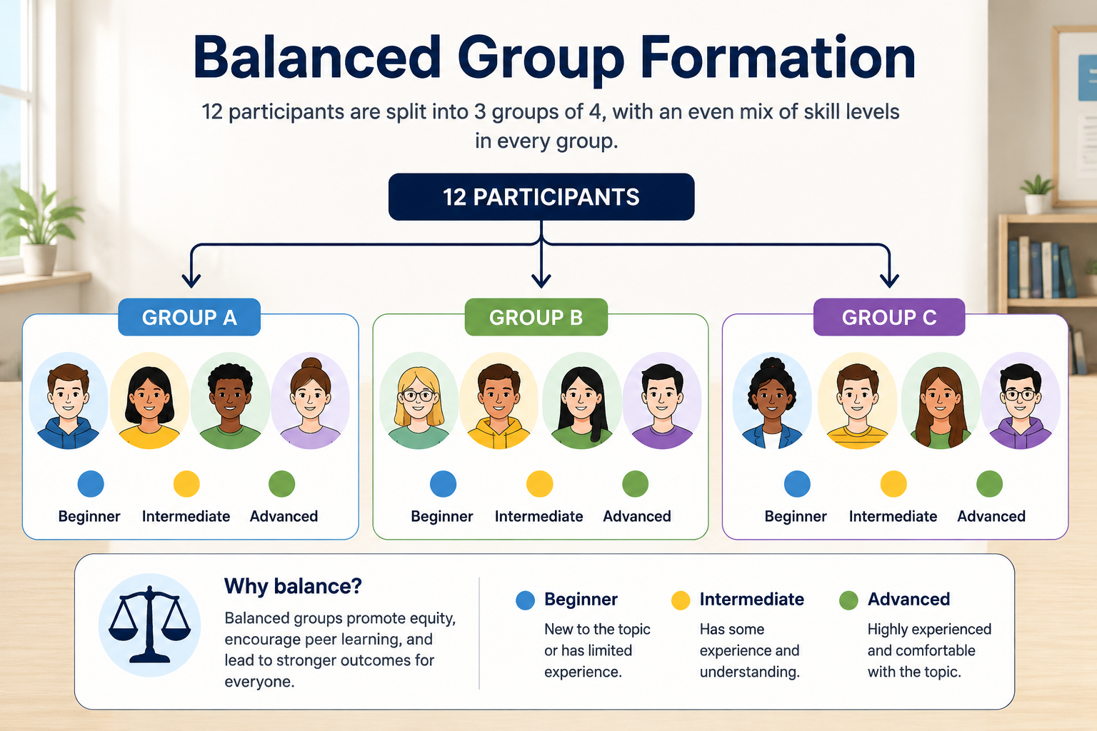 A clear instructional diagram showing 12 participants split into 3 balanced groups of 4. Inside each group, beginner, intermediate, and advanced skill levels are represented by different colored dots, demonstrating an even distribution of abilities across all teams.