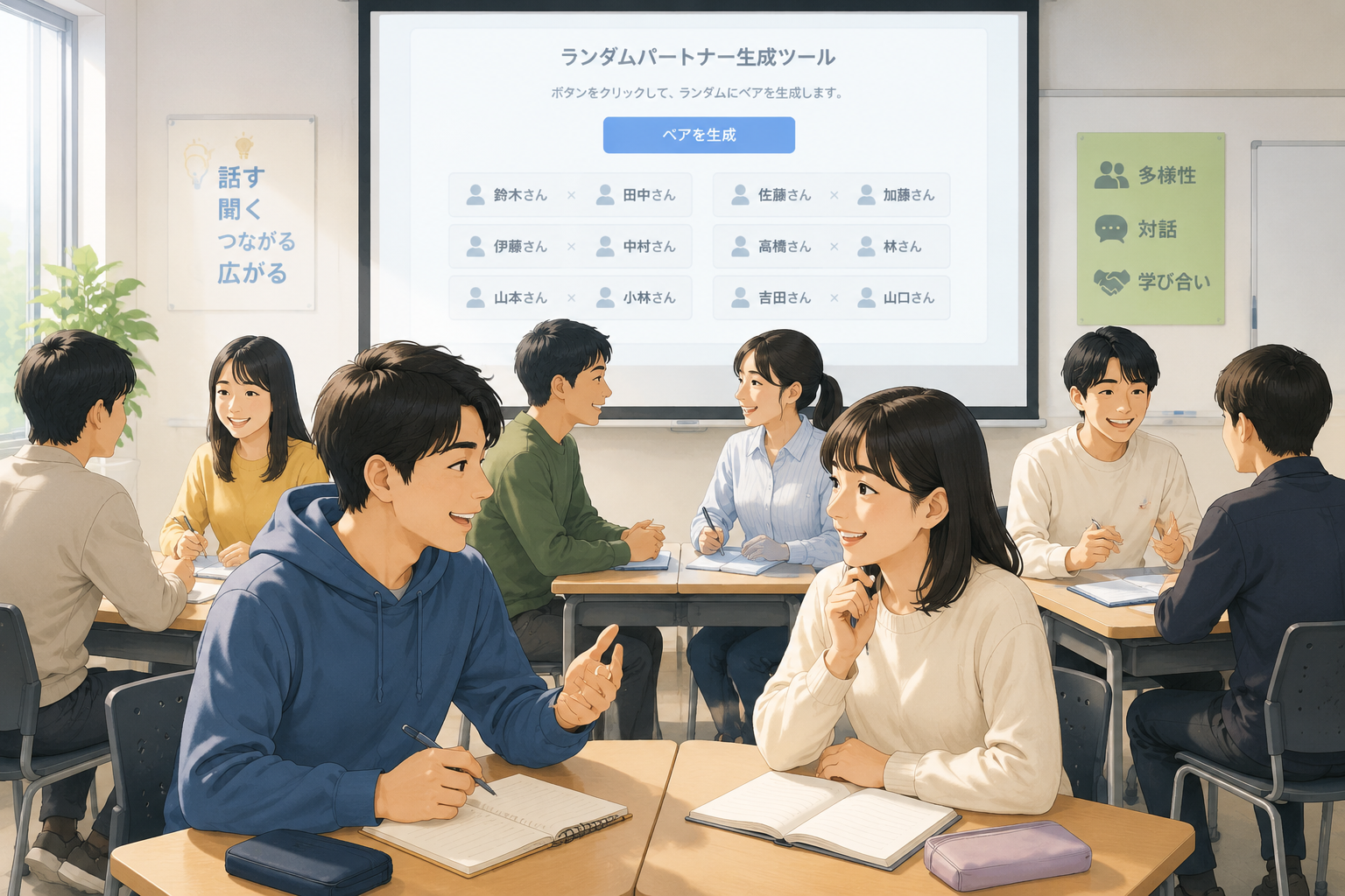 ランダムにペアが組まれた生徒たちが笑顔で話し合っている教室のイラスト。背景にはプロジェクターでツール画面がぼんやり投影されている。