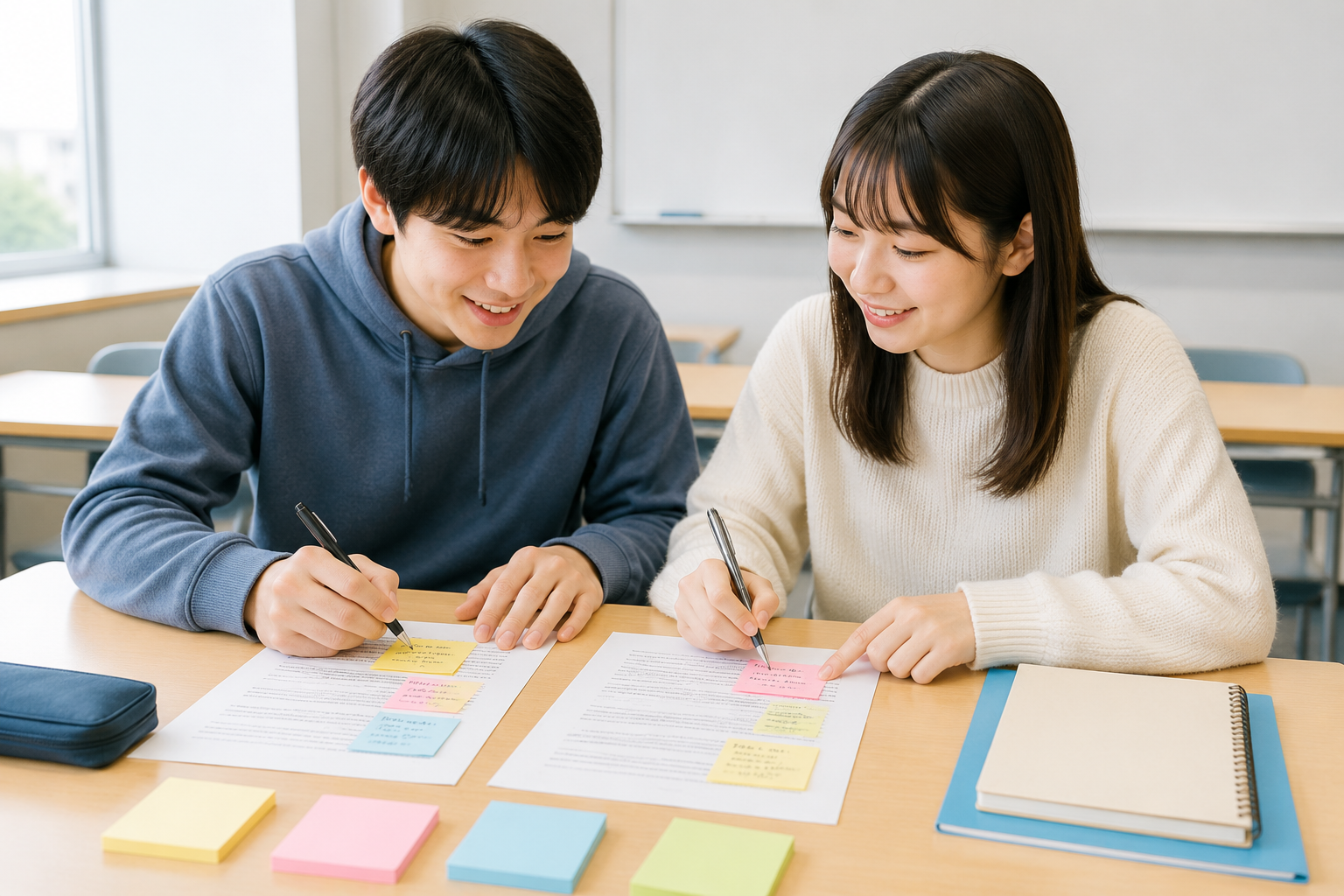 2人の学生が互いのレポートを見ながら付箋にコメントを書いている様子。清潔な教室の机の上。