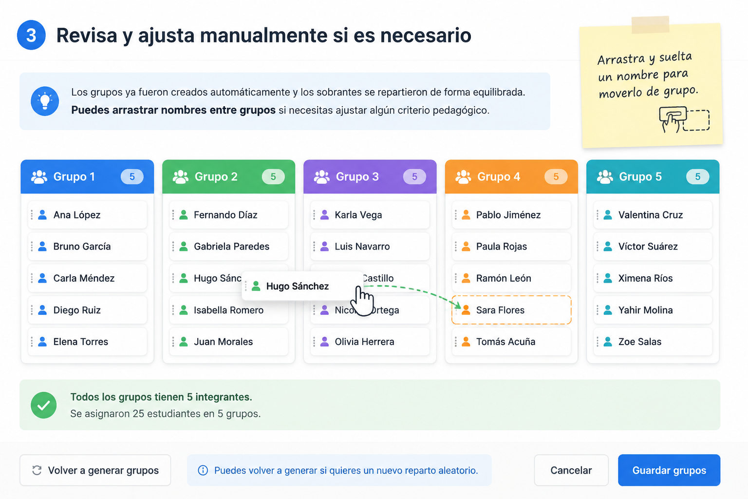 captura de pantalla conceptual con grupos de distintos colores mostrando 5 nombres por grupo, lista pegada y botones para reordenar