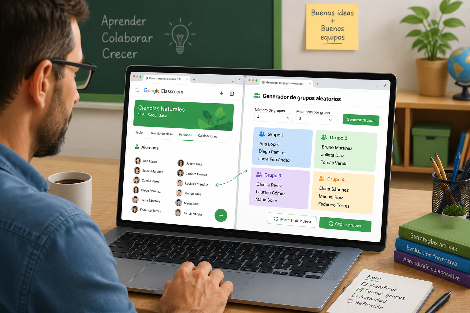 ilustración de un profesor en una computadora portátil con dos pestañas abiertas: a la izquierda el panel de Google Classroom y a la derecha la interfaz del generador de grupos aleatorios mostrando grupos de colores