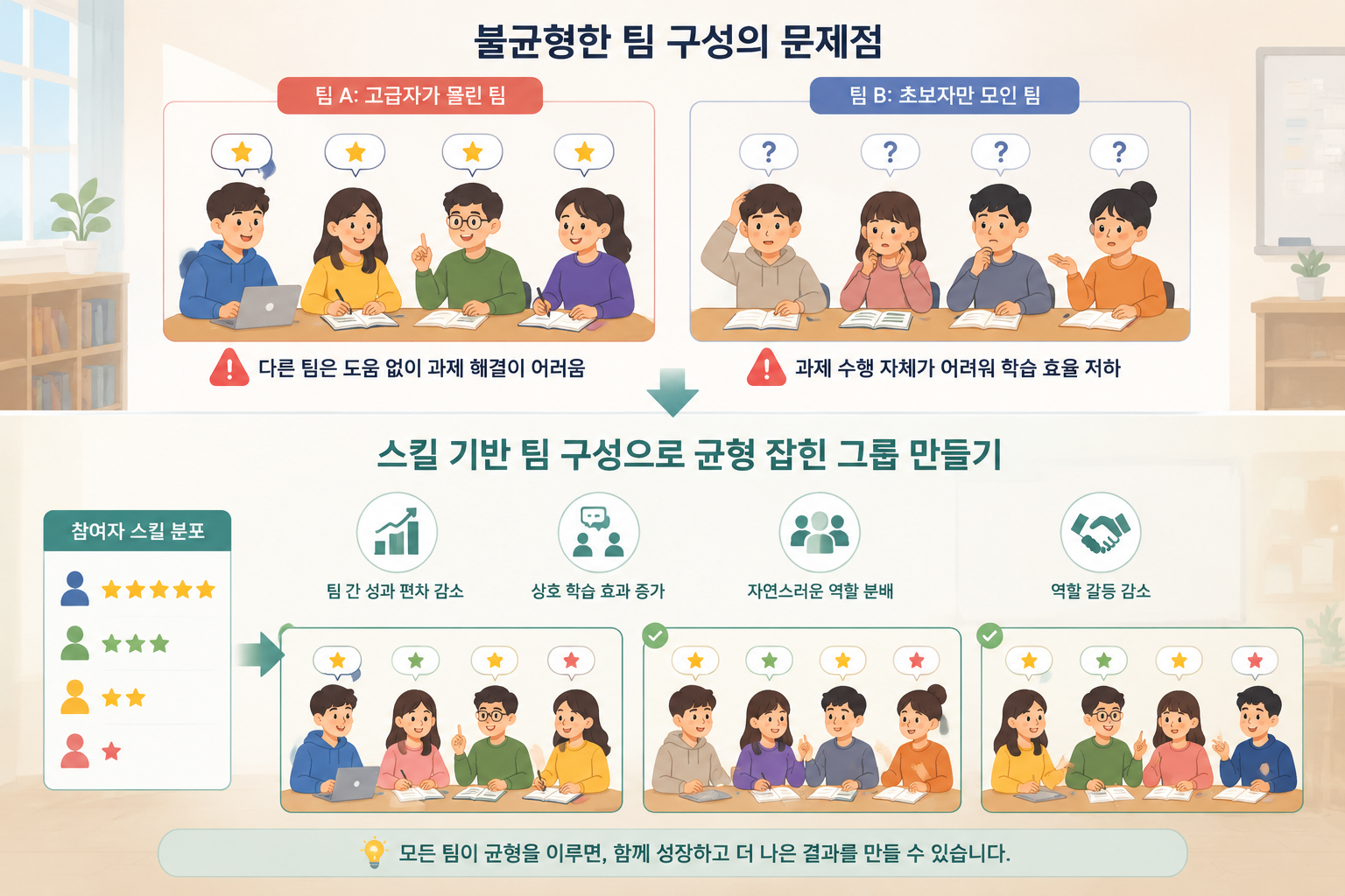 교실에서 다양한 능력의 학생들이 불균형한 팀으로 나뉘어 어려움을 겪는 상황을 단순한 아이콘으로 표현한 교육용 다이어그램