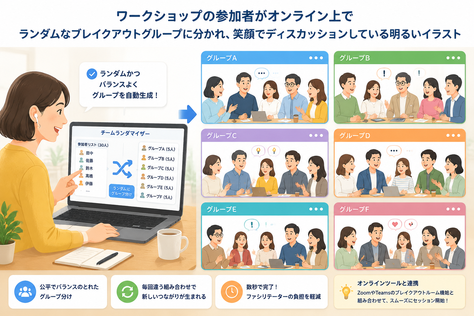 ワークショップの参加者がオンライン上でランダムなブレイクアウトグループに分かれ、笑顔でディスカッションしている明るいイラスト