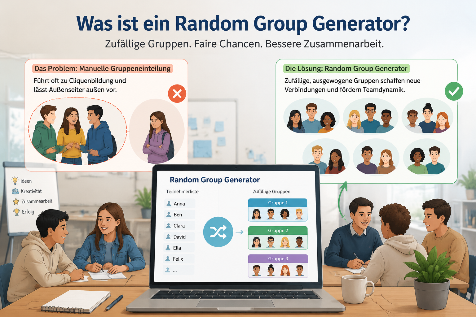 editorial knowledge graph illustration about Warum manuelle Gruppeneinteilung oft scheitert. Section context: Manuelle Einteilungen führen häufig zu „Cliquenbildung“. Wenn Teilnehmer ihre Gruppen selbst wählen dürfen, bleiben Außenseiter oft isoliert, und die