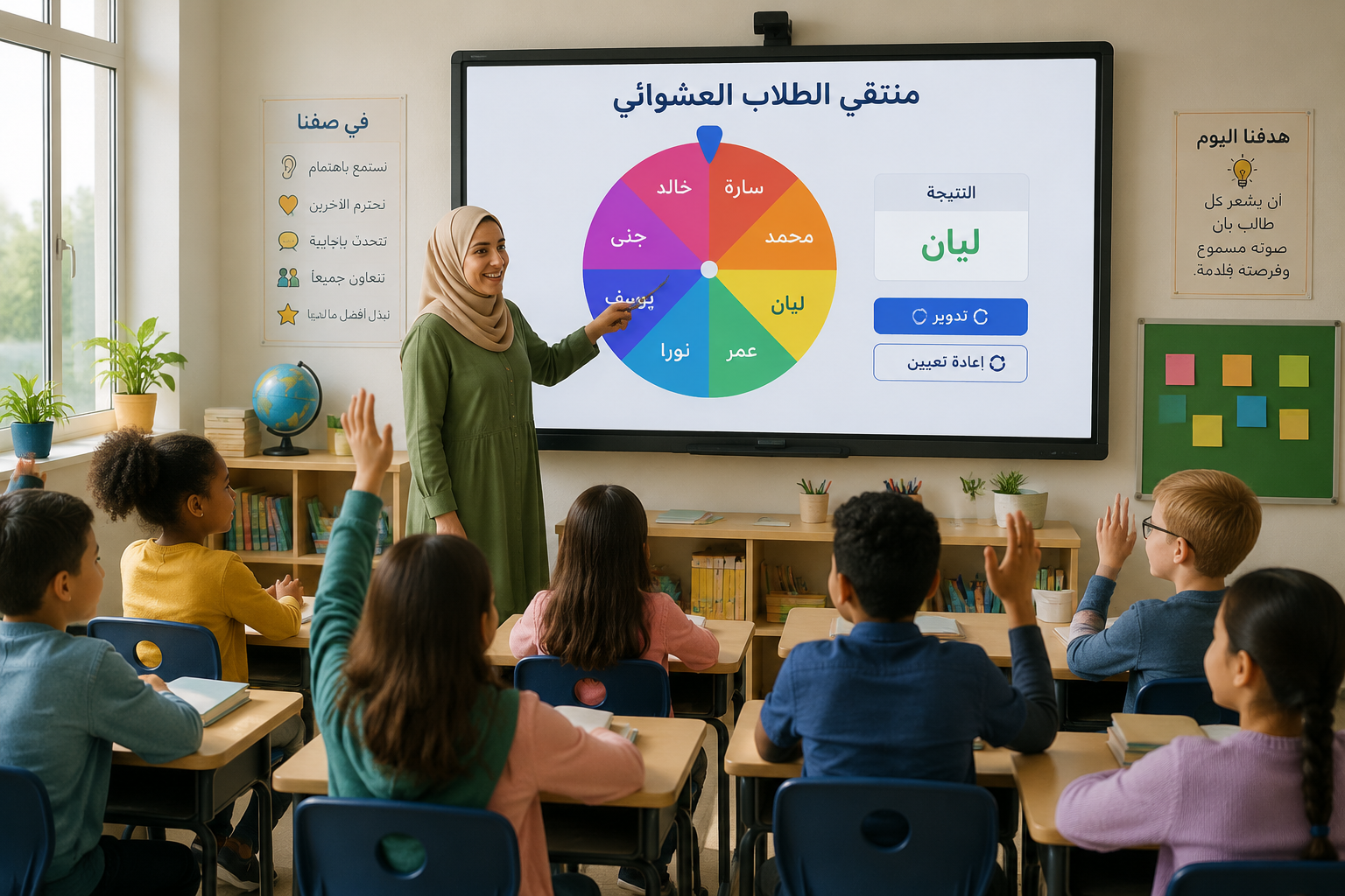 A bright classroom scene showing a teacher pointing to a large interactive whiteboard that displays a random student name wheel, with a diverse group of elementary students seated at desks, a mix of anticipation and engagement on their faces, soft daylight through windows, clean vector illustration style.