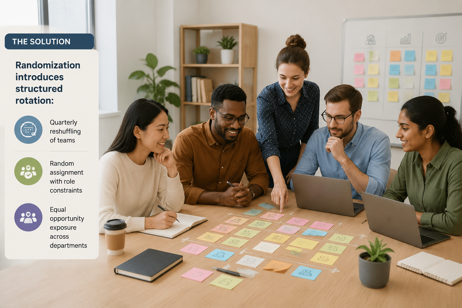 diverse employees collaborating around a table with sticky notes and laptops, representing cross-functional teamwork