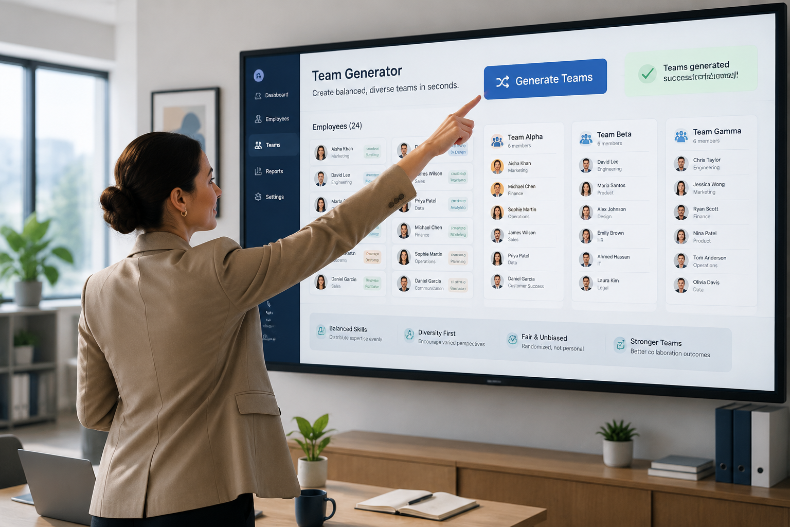 HR manager using a digital dashboard to assign employees into randomized teams on a large screen in an office setting