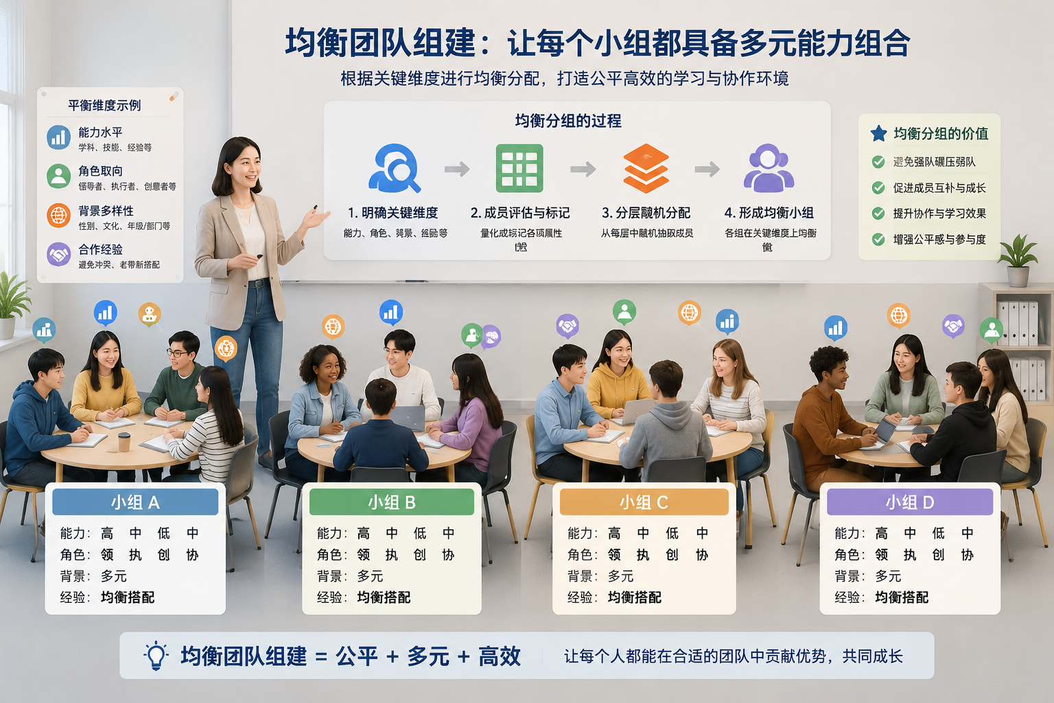 教室或培训场景中,不同能力的学生被均衡分配到多个小组,每个小组内部呈现多元能力组合的示意图