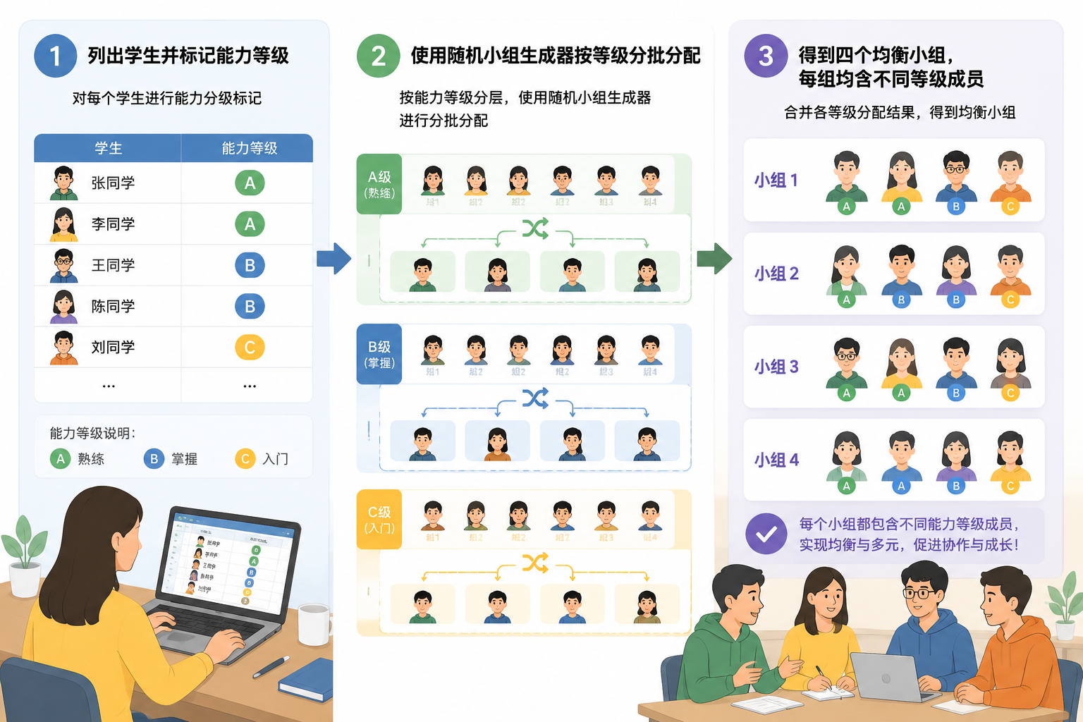 一个三步流程图:1. 列出学生并标记能力等级;2. 使用随机小组生成器按等级分批分配;3. 得到四个均衡小组,每组均含不同等级成员