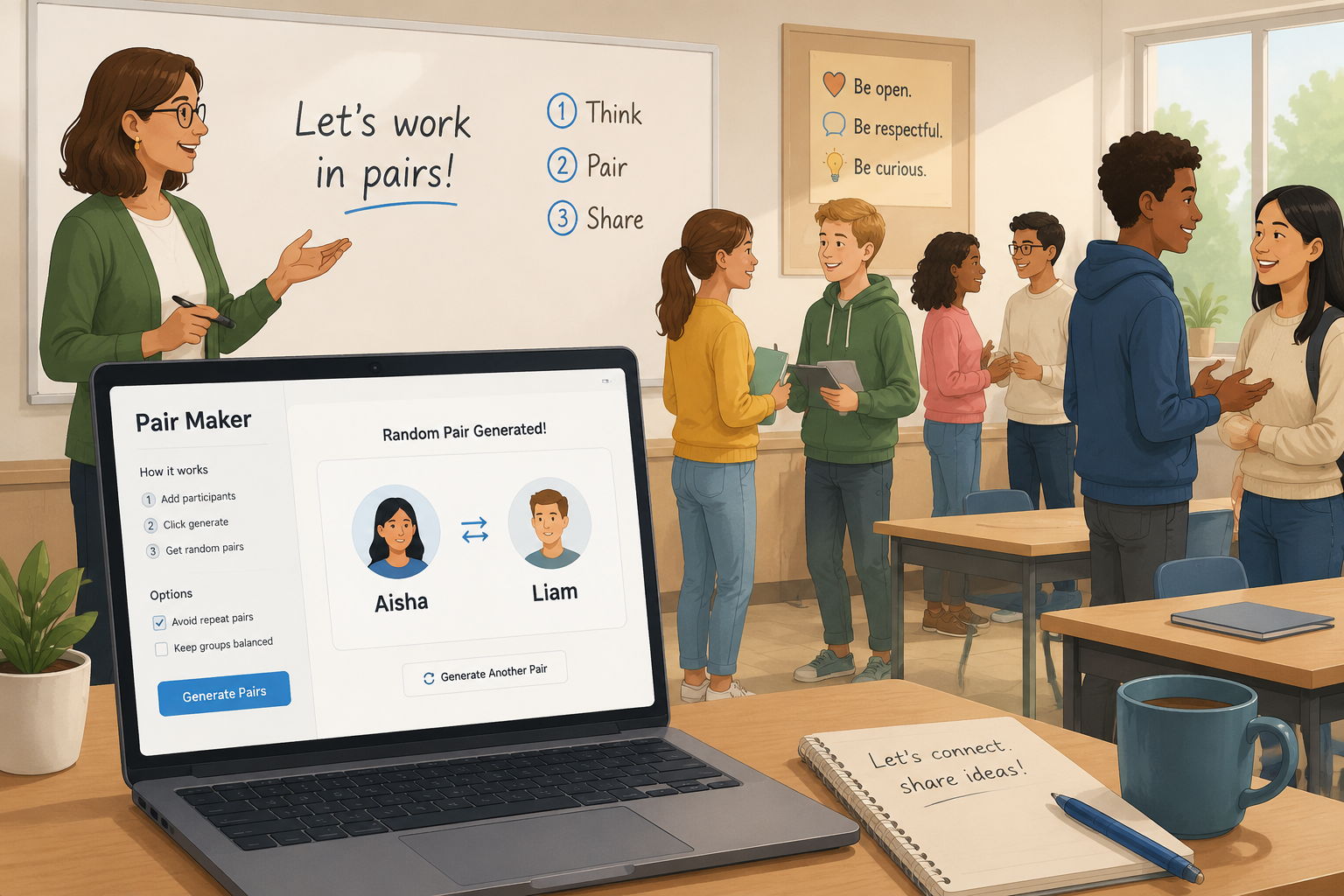clean illustration of a teacher at a whiteboard, a laptop screen showing the random pair generator interface with two names paired together, and a classroom of diverse students moving to pair up