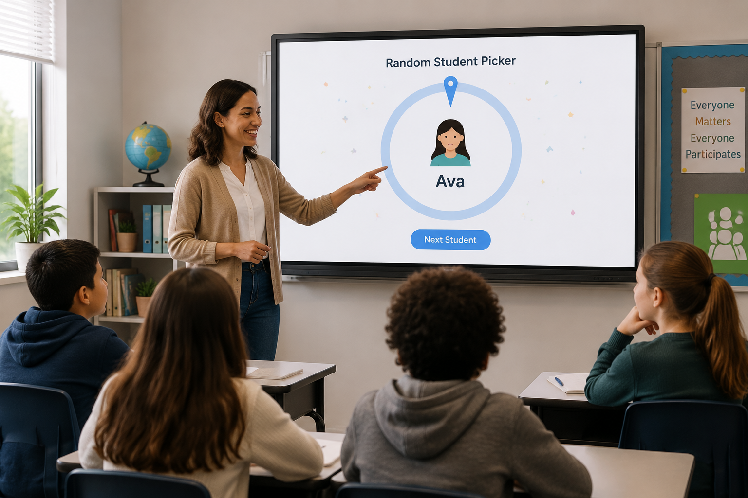 Teacher using a digital random student picker tool on a classroom screen while students look on, modern classroom setting, soft lighting, minimal text