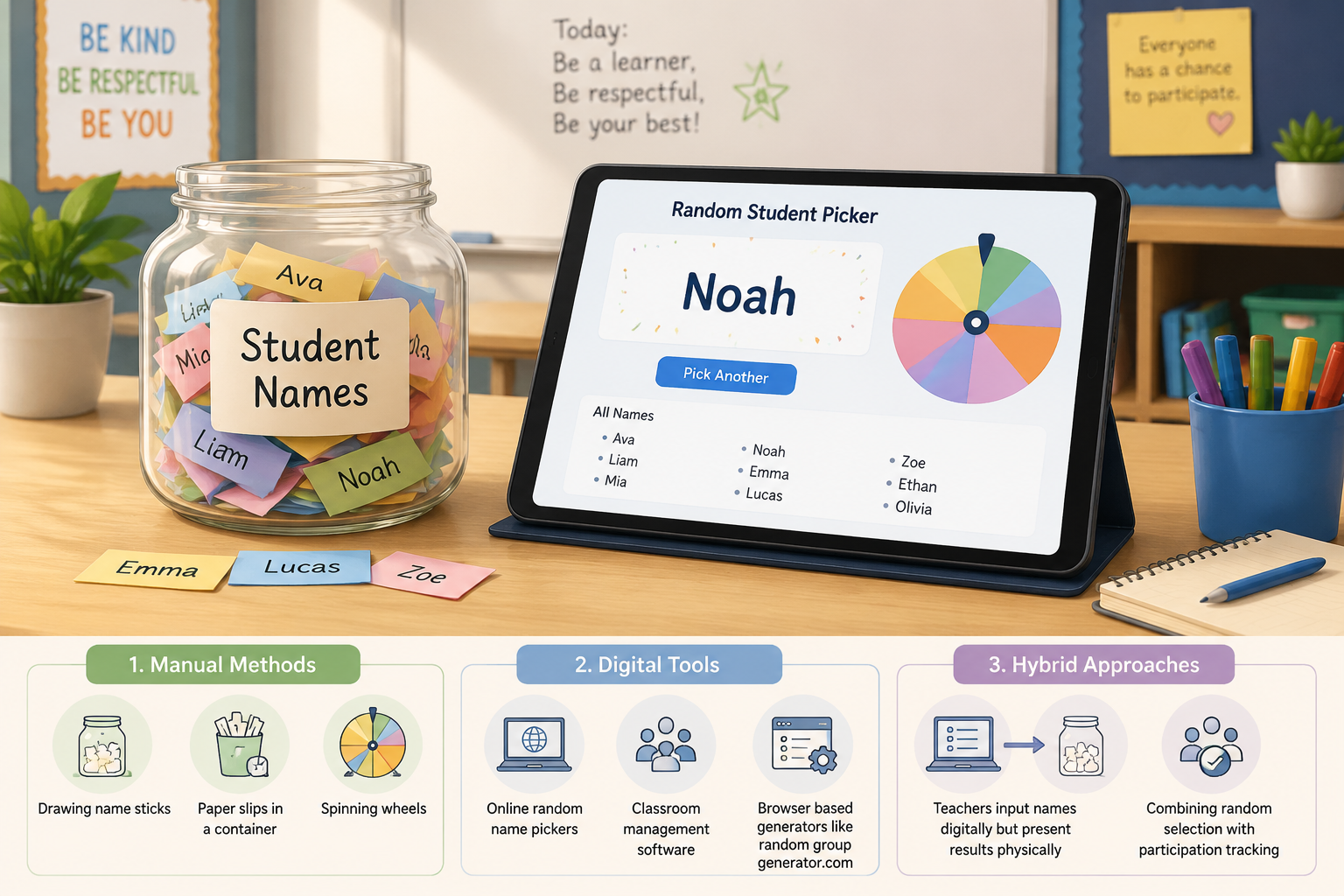 Classroom jar filled with student name slips next to a tablet showing a random picker interface, simple educational illustration