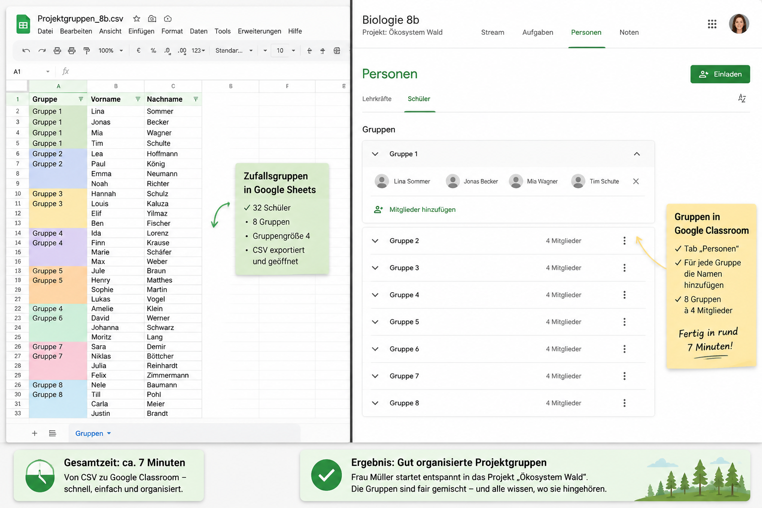 Illustration eines aufgesplitteten Bildschirms: links eine Google-Tabelle mit Namen und Gruppenzuordnung, rechts das Google-Classroom-Fenster unter dem Tab „Personen“ beim Hinzufügen von Gruppenmitgliedern.