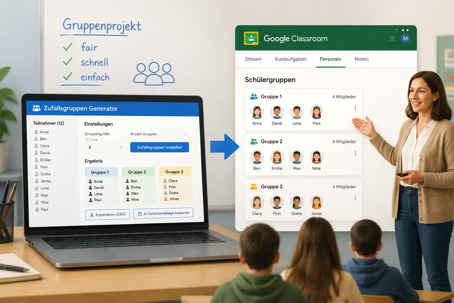 Eine saubere Diagrammdarstellung, die einen Laptop mit einer Zufallsgruppen-Generator-Oberfläche zeigt, von dem ein Pfeil zu einem Google-Classroom-Fenster mit Schülergruppen führt.