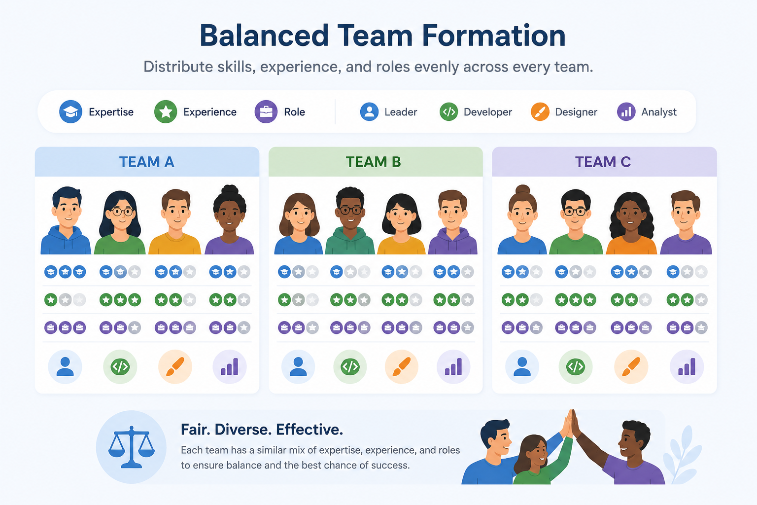 Illustration of multiple balanced teams with evenly distributed skill levels shown as icons representing expertise, experience, and roles across groups on a clean diagram