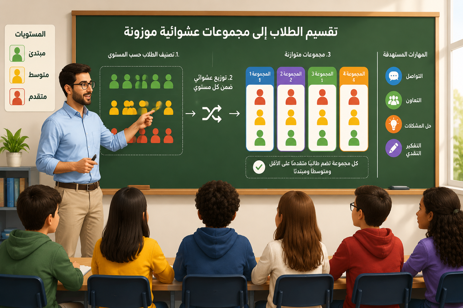 رسم توضيحي لمعلم يقف أمام سبورة ويقسم الطلاب إلى مجموعات ملونة حسب مستوياتهم، مع أيقونات تمثل مهارات مختلفة