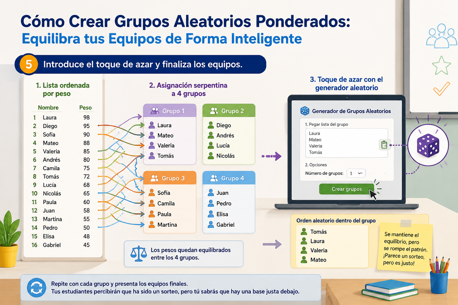 infografía paso a paso: lista ordenada por peso, flecha serpentina asignando a cuatro rectángulos de grupos, y un icono del generador aleatorio para el último paso