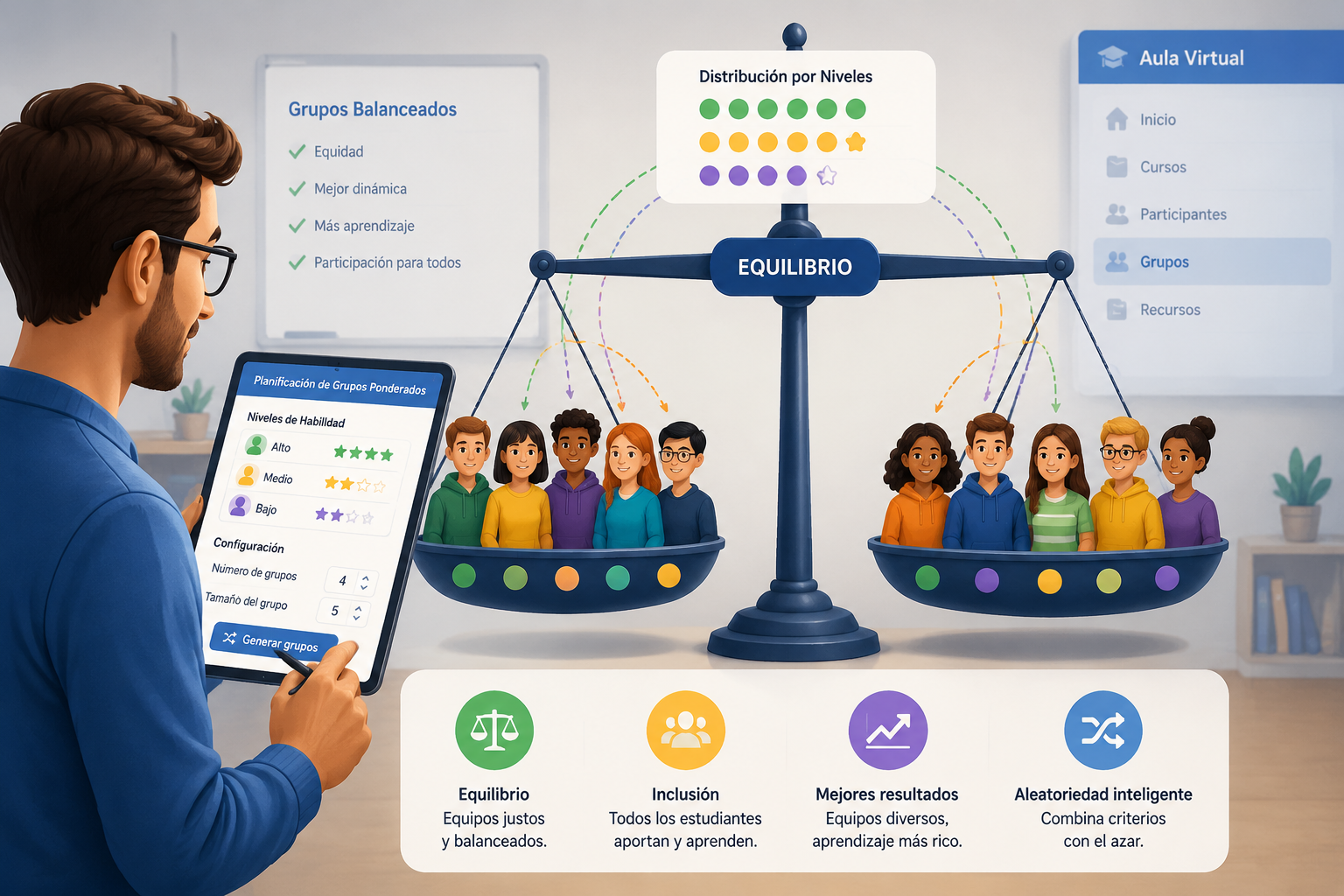 ilustración de un docente planificando grupos ponderados en una tableta, con una balanza que distribuye a varios estudiantes según su nivel de habilidad, sobre un fondo limpio de aula virtual