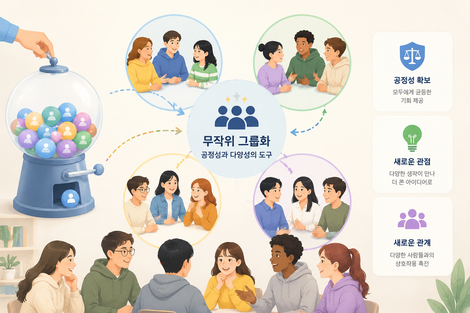 editorial knowledge graph illustration about 무작위 그룹화: 공정성과 다양성의 도구. Section context: 무작위 그룹화는 편견을 배제하고 구성원 간의 새로운 상호작용을 유도할 때 가장 효과적입니다., locale ko, soft light, minimal text, clear subject, web article image